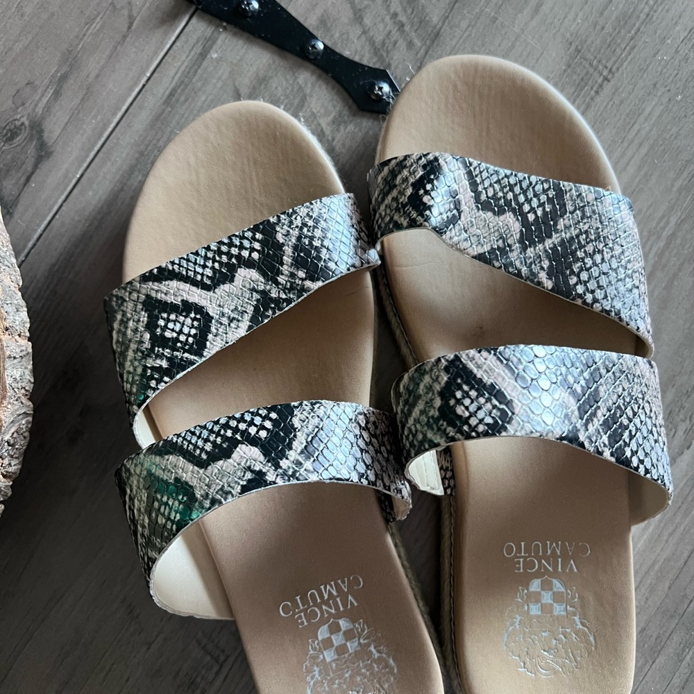 Vince Camuto Black and Cream Snake Print Sandals